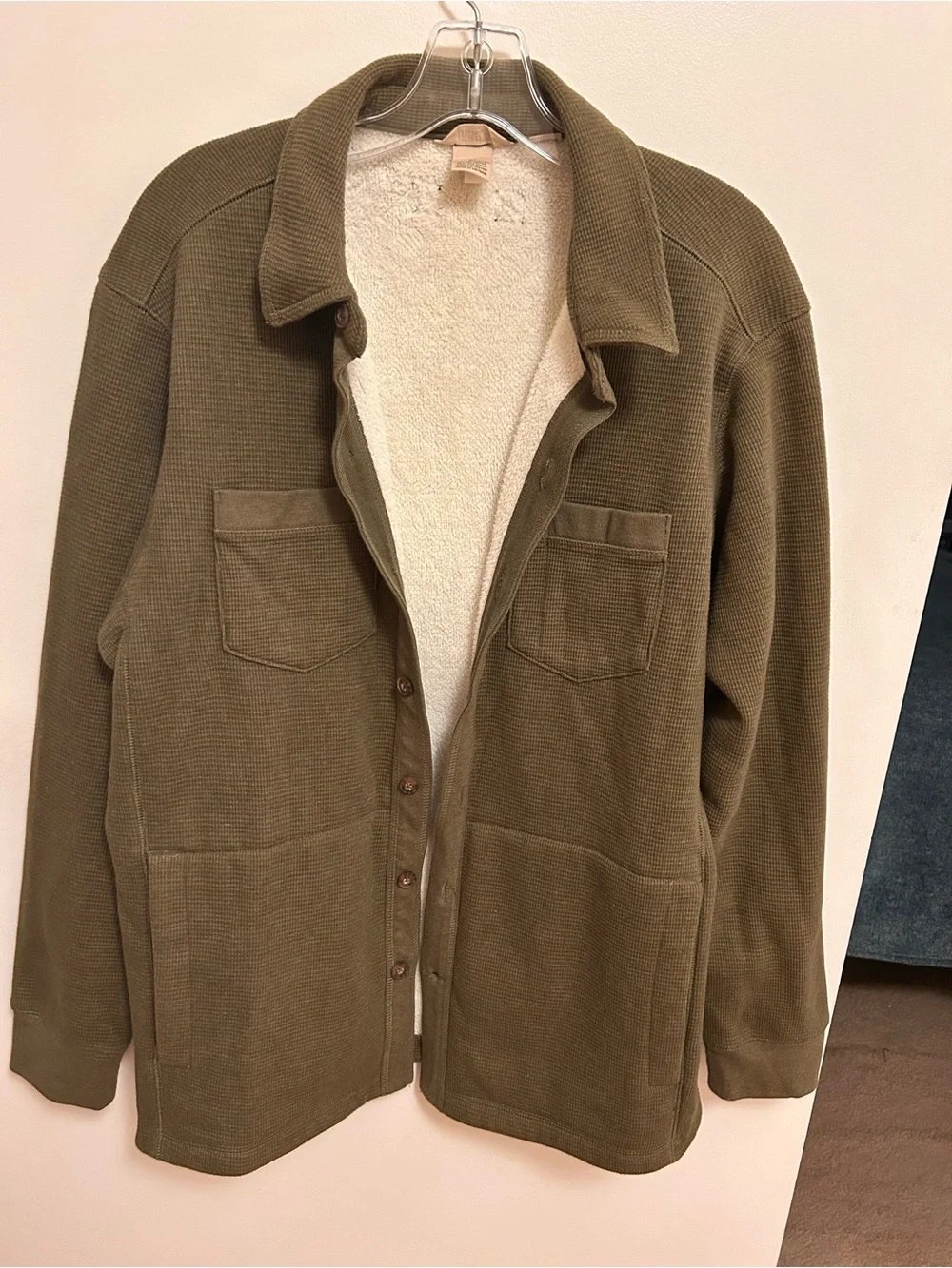 Duluth Trading Co Olive Waffle-Knit Sherpa-Lined Shirt Jacket